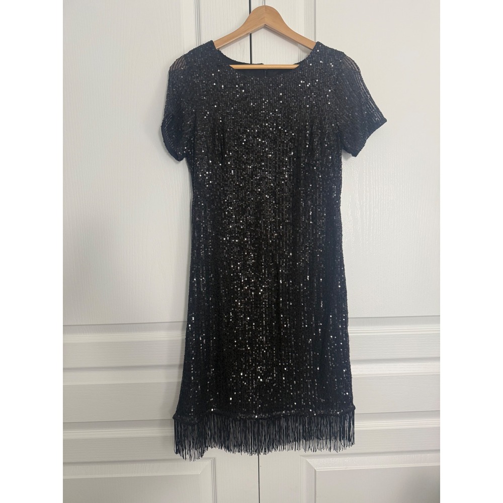 Shelby Nites‎ Size 8 Black Sequin Fringe Cocktail Dress Flapper Party Gatsby